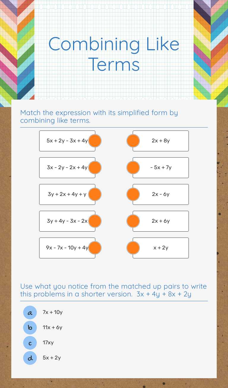 Combining Like Terms worksheet preview image