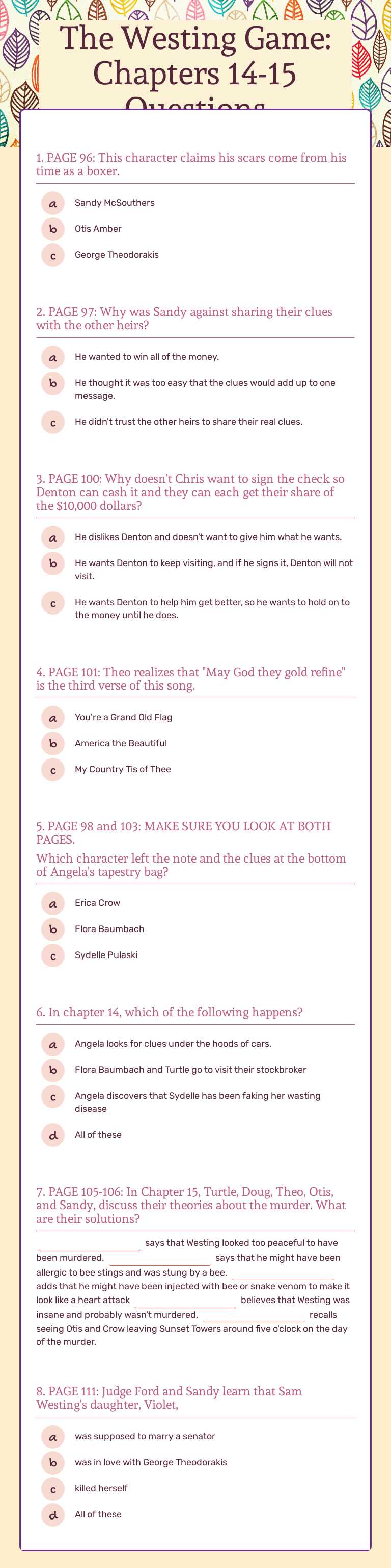 The Westing Game: Chapters 14-15 Questions worksheet preview image