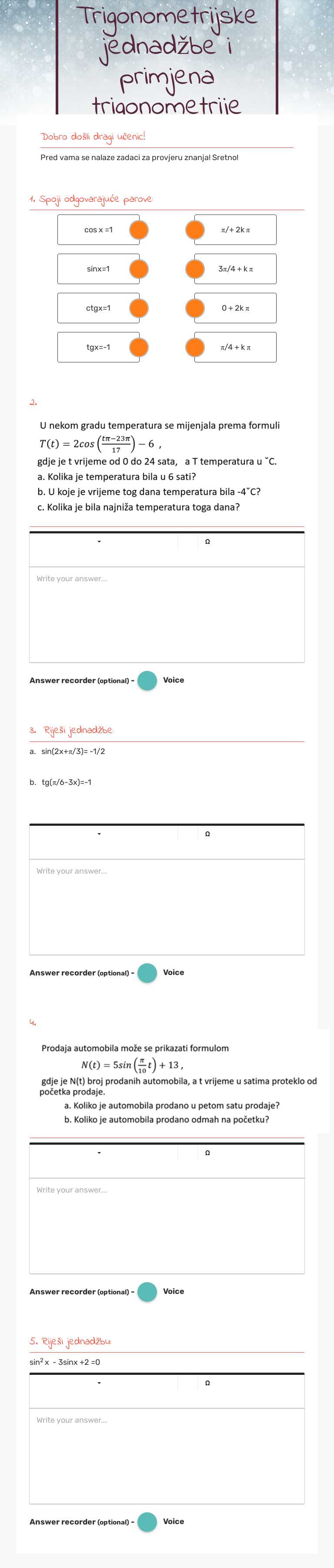 Trigonometrijske jednadžbe i primjena trigonometrije Grade 11 worksheet preview
