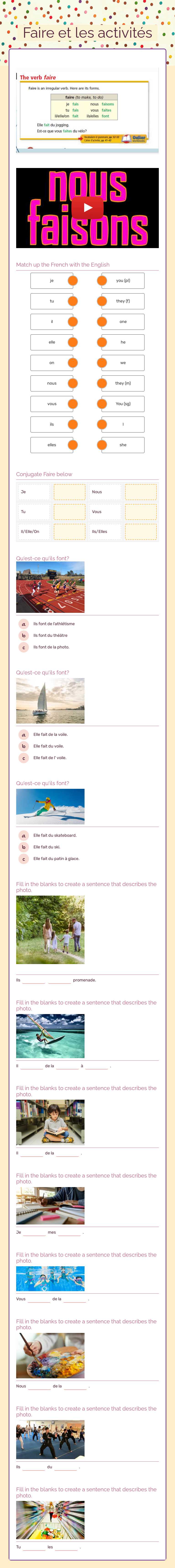 Faire et les activités worksheet preview image