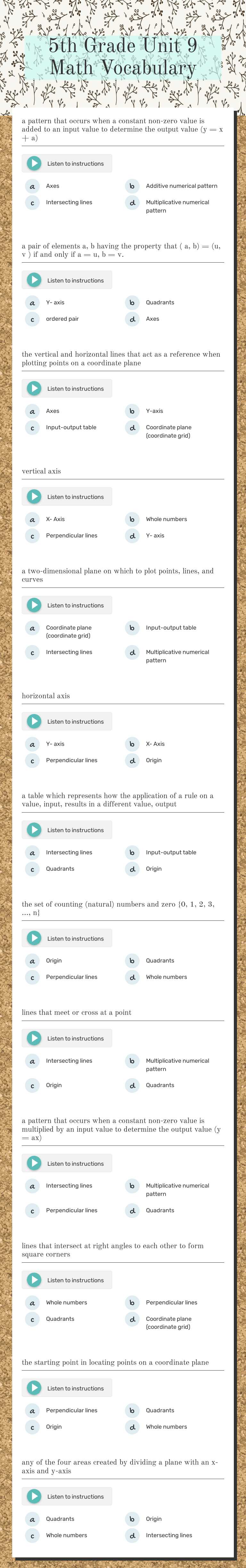 5th Grade Unit 9 Math Vocabulary Grade 5 worksheet preview