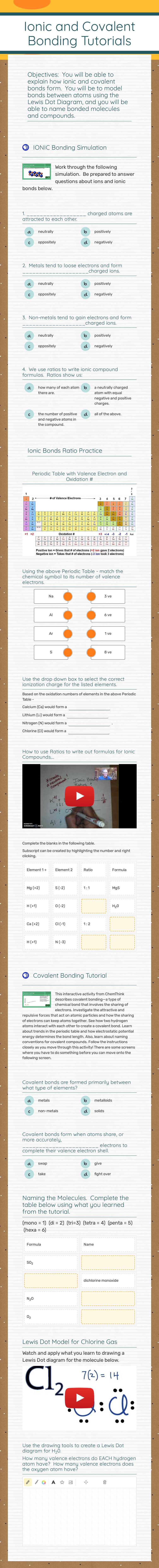 Ionic and Covalent Bonding Tutorials worksheet preview image