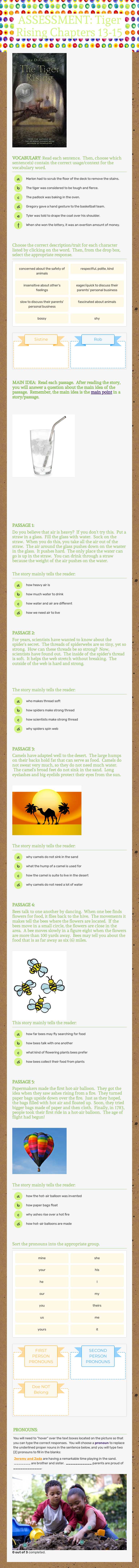 ASSESSMENT: Tiger 
  Rising Chapters 13-15 Grade 4 worksheet preview