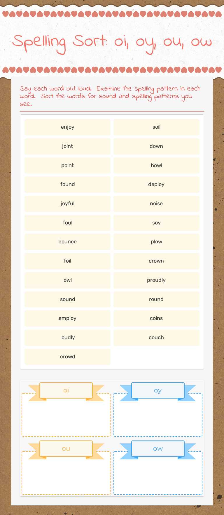 Spelling Sort: oi, oy, ou, ow worksheet preview image