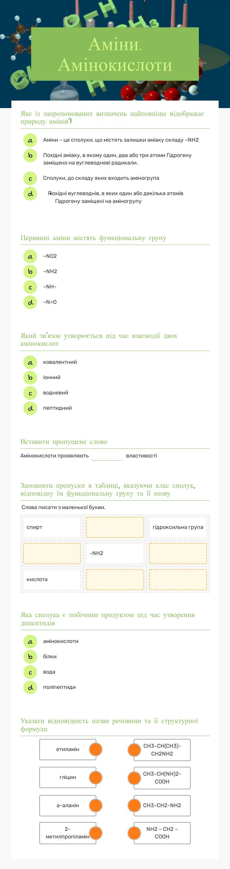 Аміни. Амінокислоти worksheet preview image