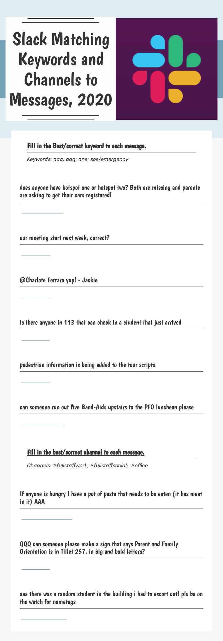 Slack Matching Keywords and Channels to Messages, 2020 worksheet preview image