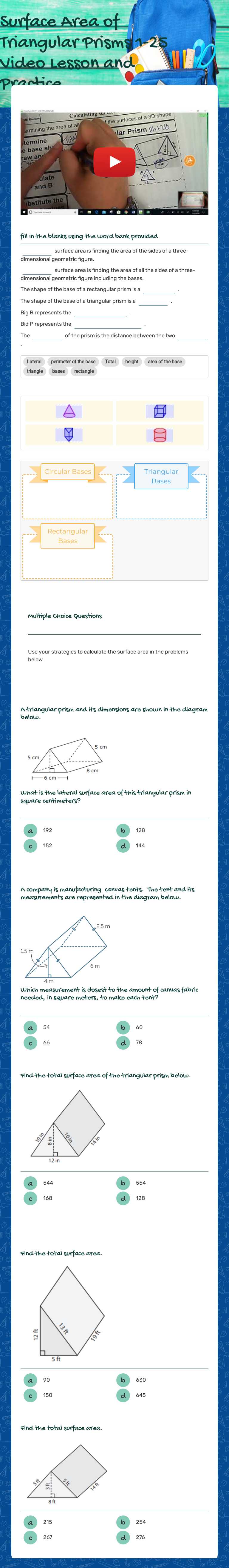 Surface Area of 
Triangular Prisms 1-25 Video Lesson and Practice worksheet preview image