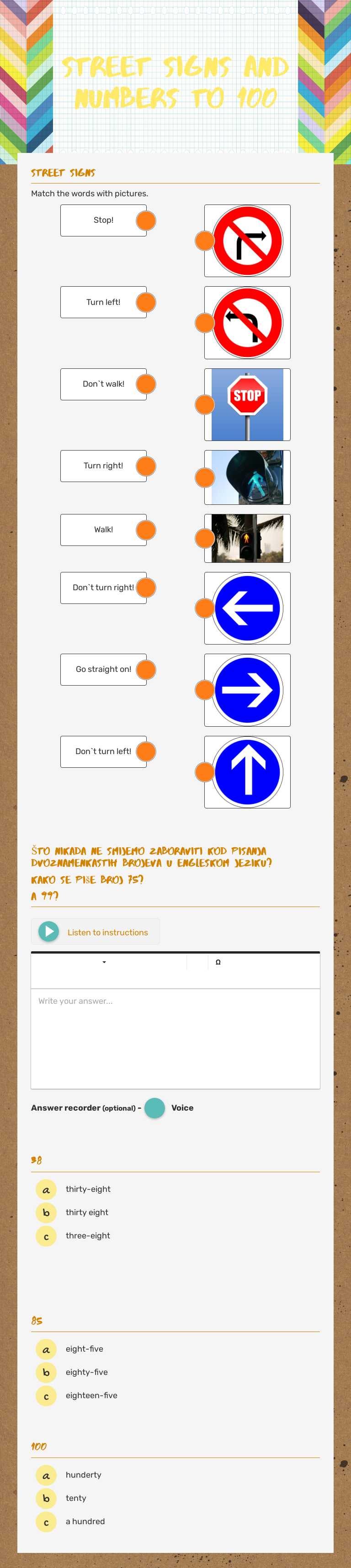 street signs and numbers to 100 worksheet preview image