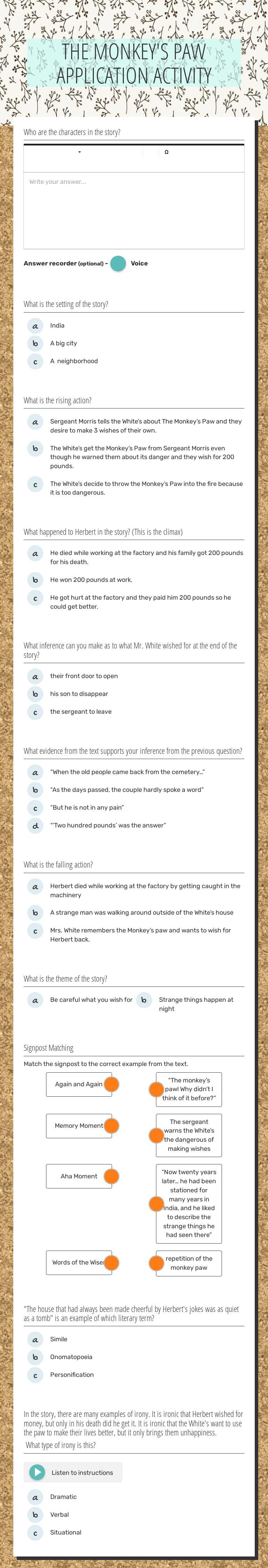 THE MONKEY'S PAW APPLICATION ACTIVITY worksheet preview image
