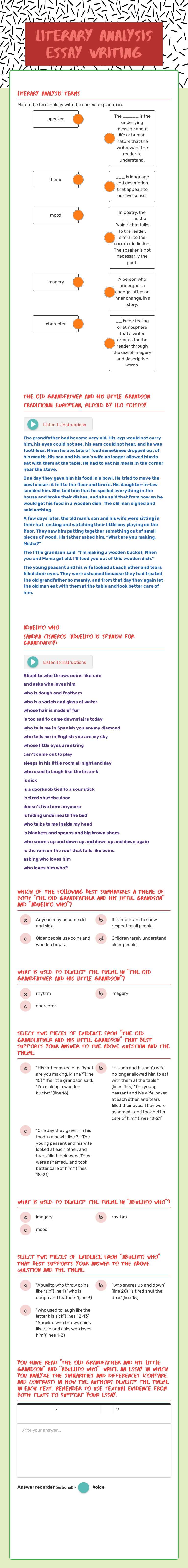 literary analysis essay writing worksheet preview image