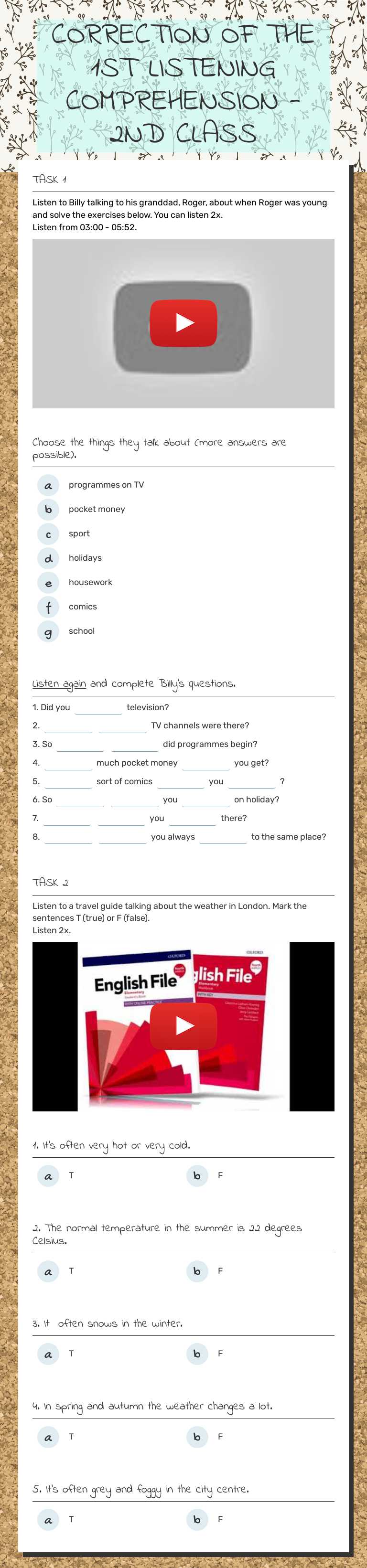 CORRECTION OF THE 1ST LISTENING COMPREHENSION - 2ND CLASS Other worksheet preview