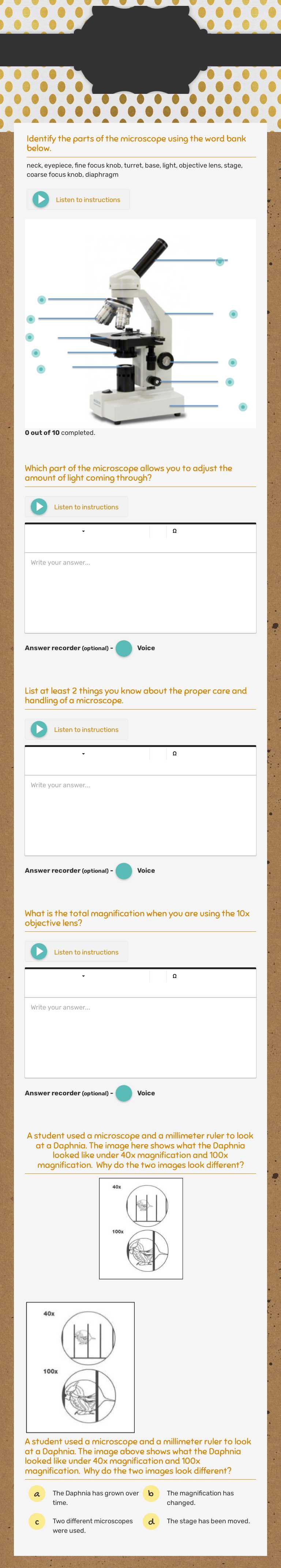 Microscope quiz worksheet preview image