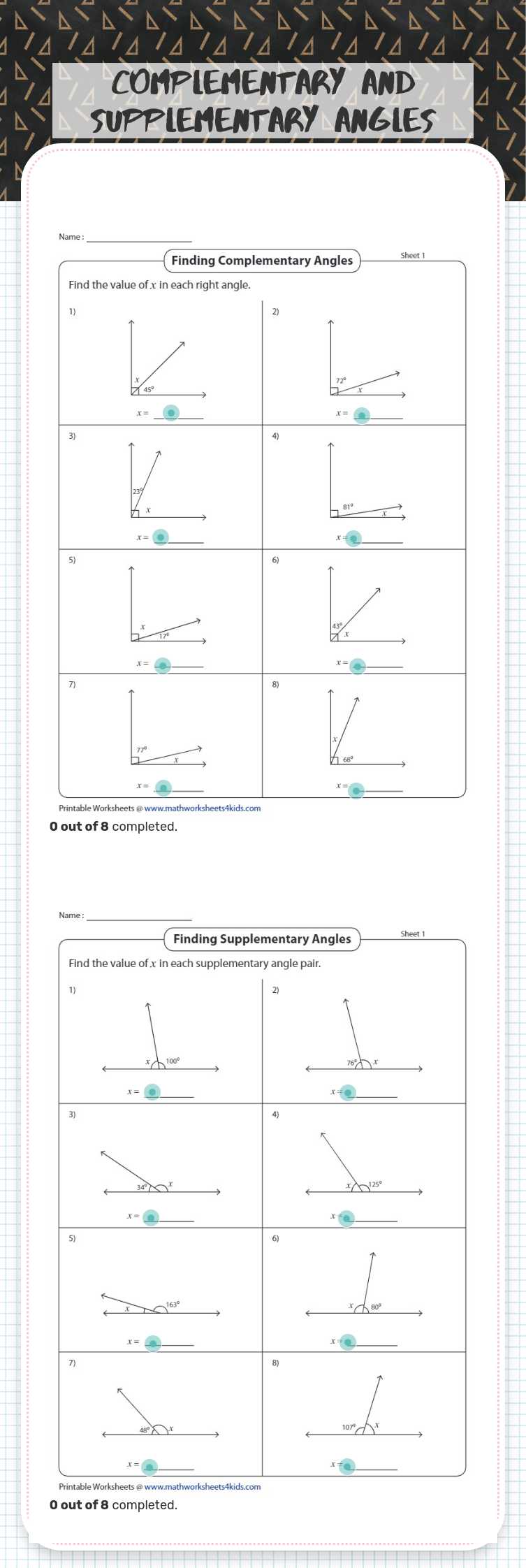 Complementary and Supplementary Angles worksheet preview image