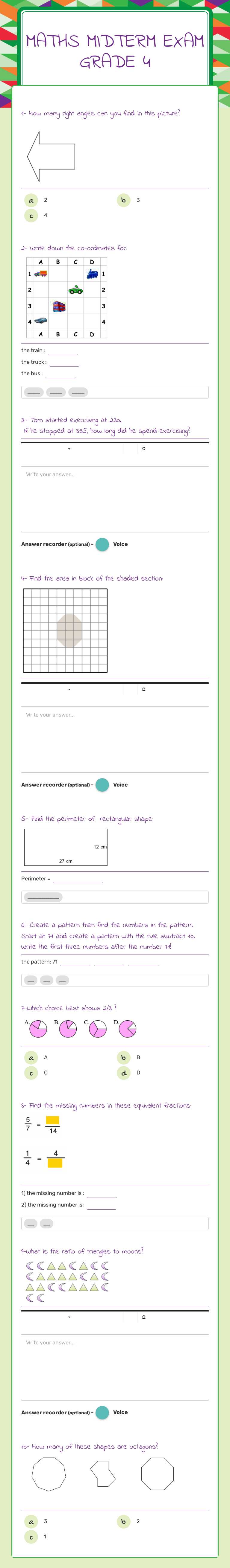 Maths midterm exam grade 4 worksheet preview image