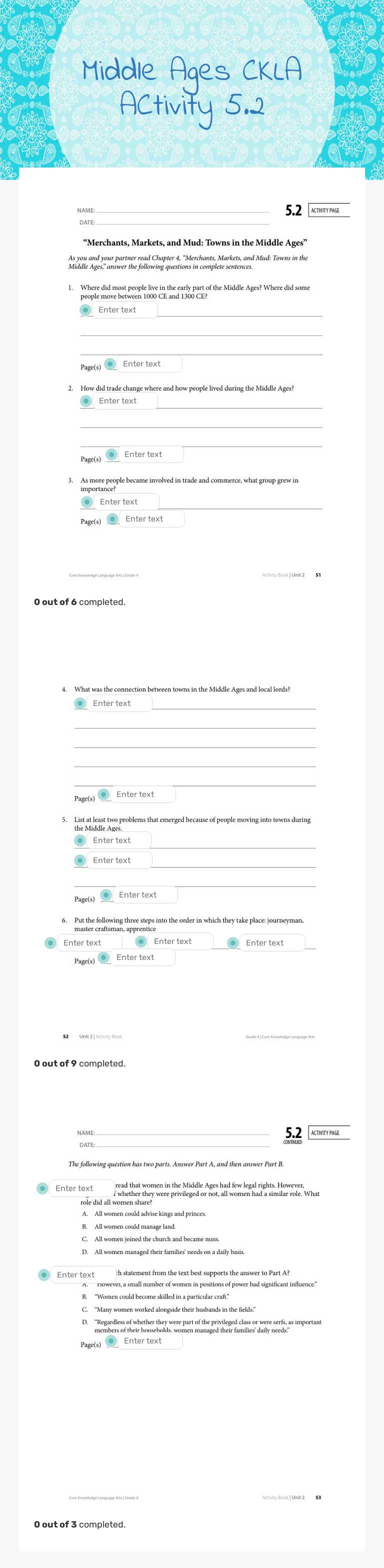 Middle Ages CKLA ACtivity 5.2 worksheet preview image