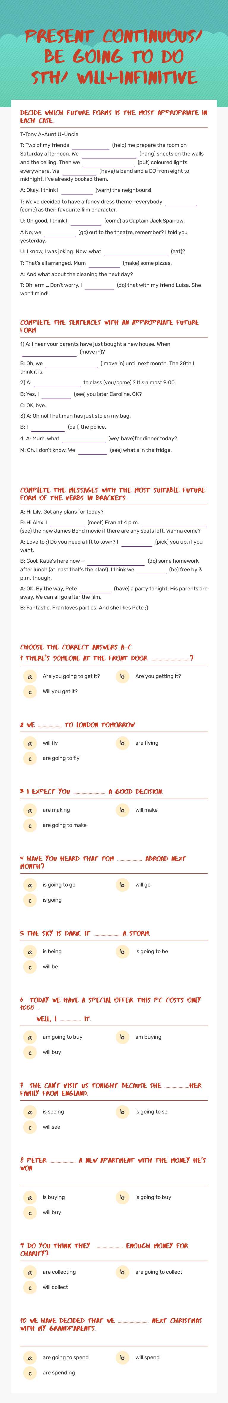Present Continuous/ be going to do sth/ will+infinitive worksheet preview image