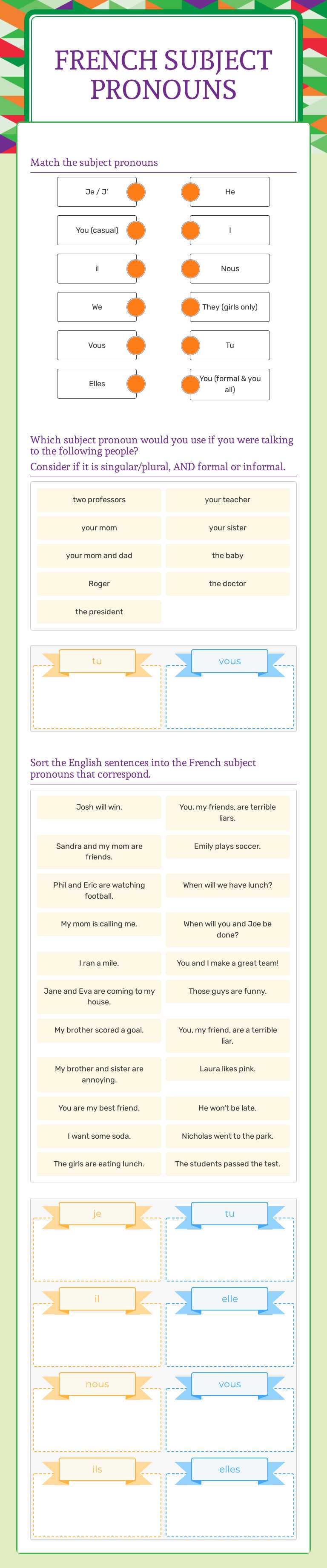 french Subject pronouns worksheet preview image