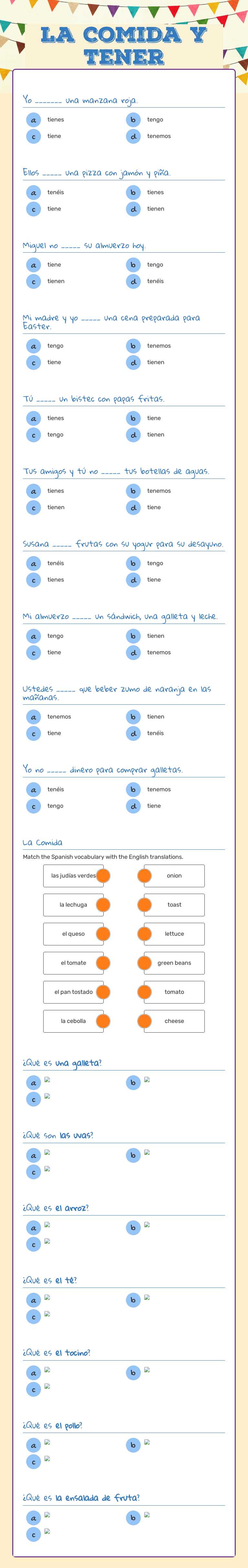 La Comida y Tener Grade 6 worksheet preview