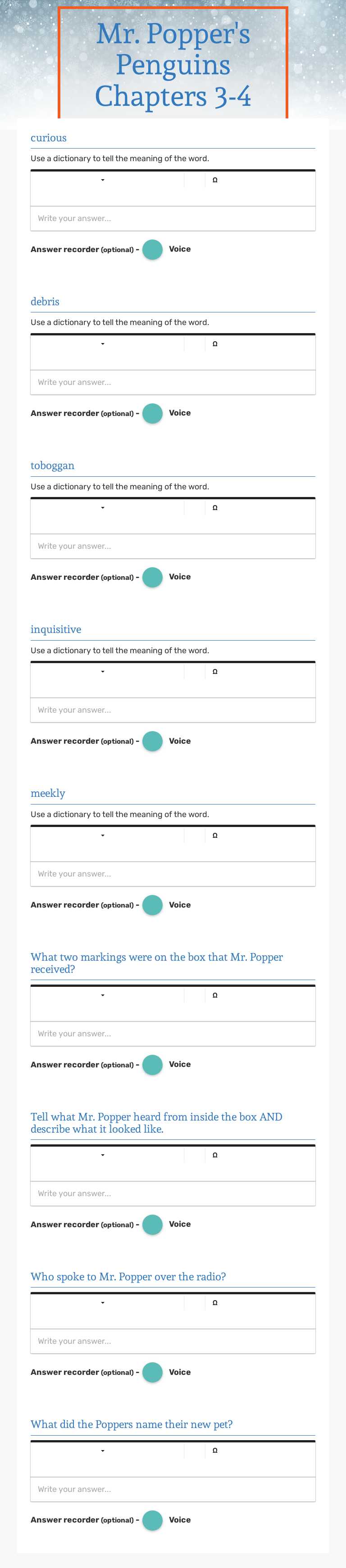 Mr. Popper's Penguins Chapters 3-4 worksheet preview image