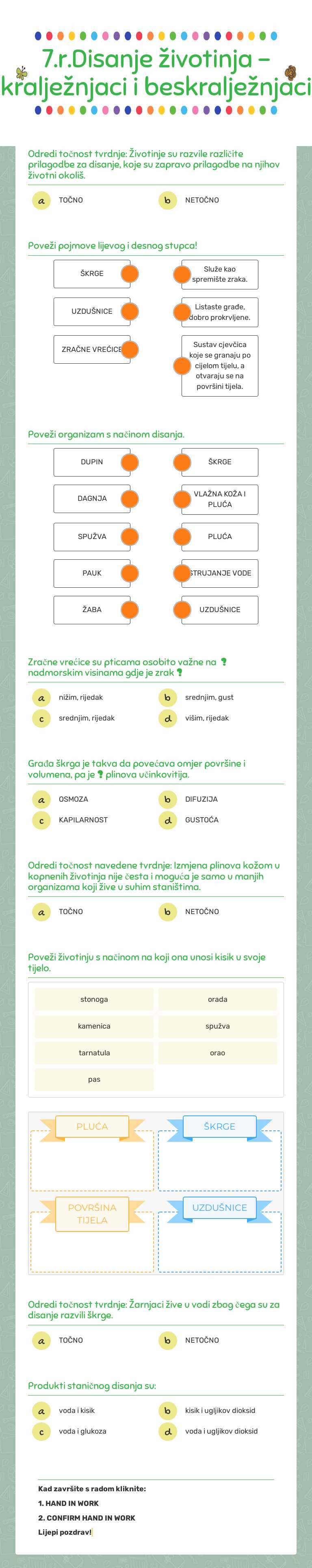 7.r.Disanje životinja - kralježnjaci i beskralježnjaci Grade 7 worksheet preview