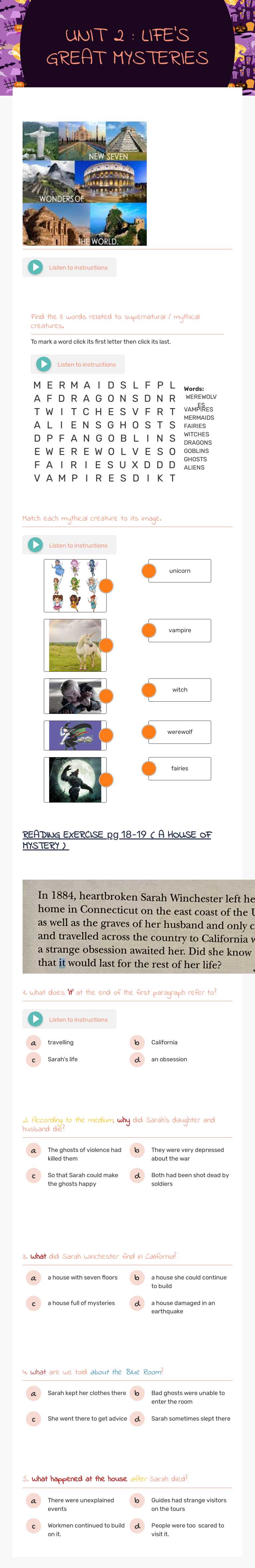 UNIT 2 : LIFE'S GREAT MYSTERIES worksheet preview image