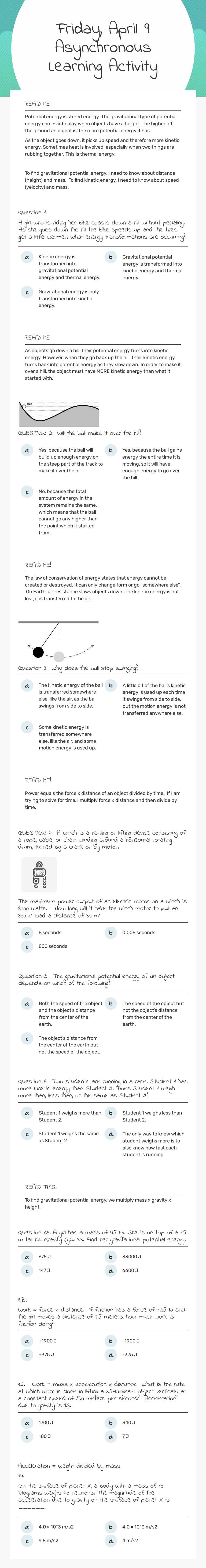 Friday, April 9 Asynchronous Learning Activity worksheet preview image