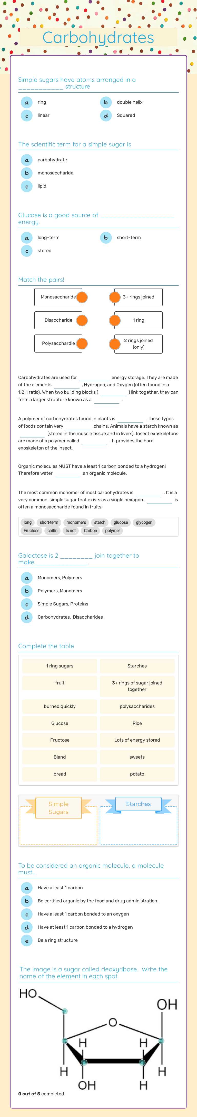 Carbohydrates Grade 9 worksheet preview