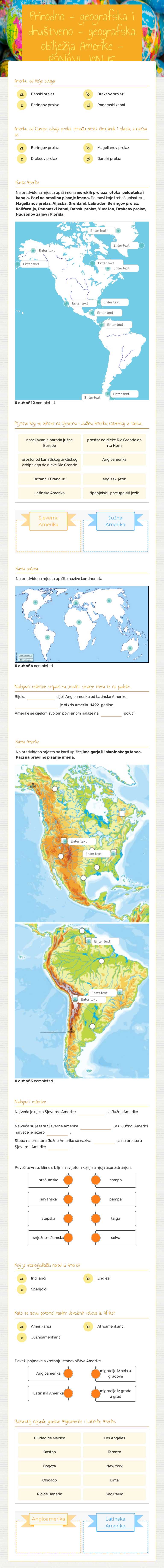 Prirodno - geografska i društveno - geografska obilježja Amerike - PONAVLJANJE worksheet preview image