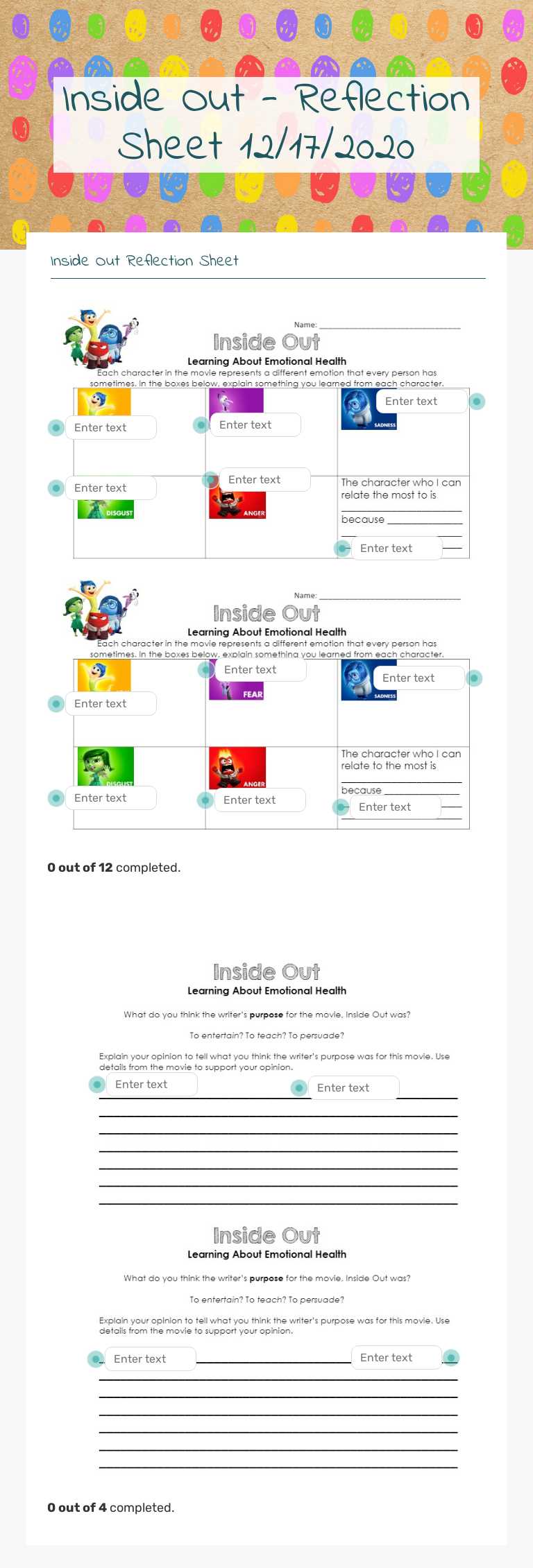 Inside Out - Reflection Sheet 12/17/2020 Grade 5 worksheet preview