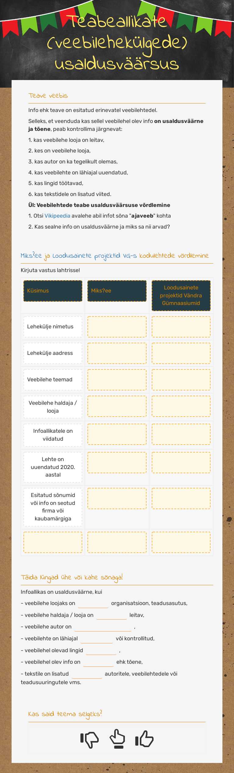 Teabeallikate (veebilehekülgede) usaldusväärsus worksheet preview image