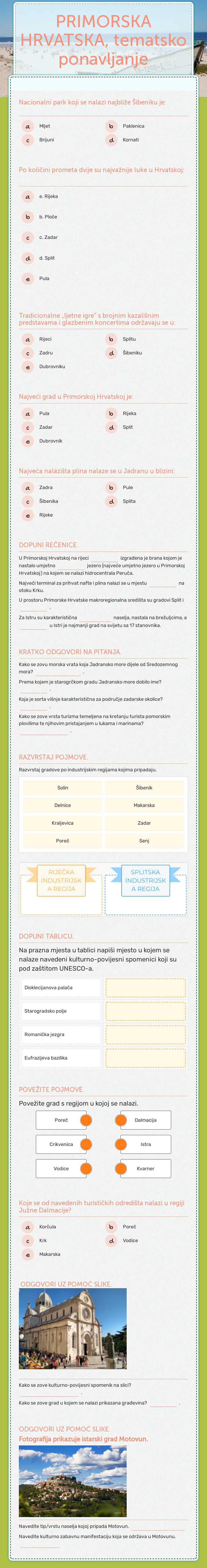 PRIMORSKA HRVATSKA, tematsko ponavljanje worksheet preview image