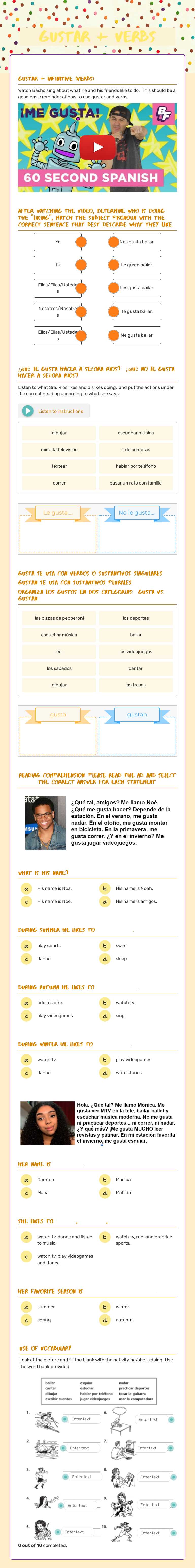 gustar + verbs worksheet preview image