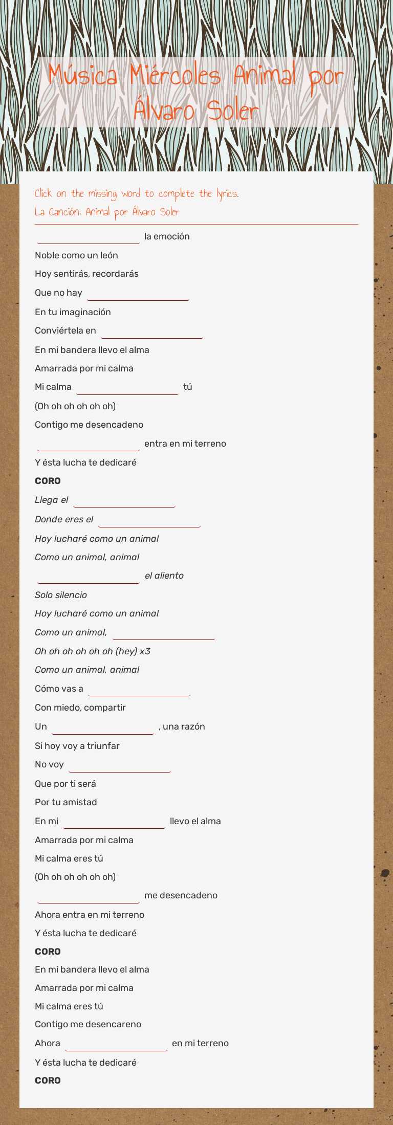 Música Miércoles 
Animal 
por Álvaro Soler worksheet preview image