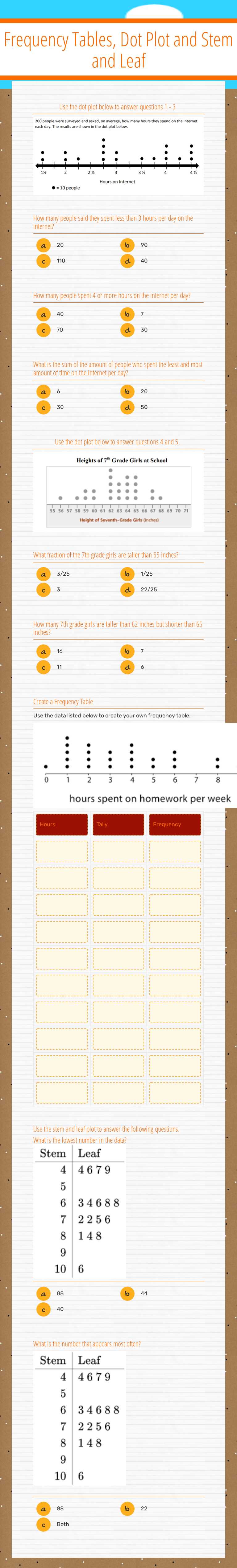 Frequency Tables, Dot Plot and Stem and Leaf worksheet preview image