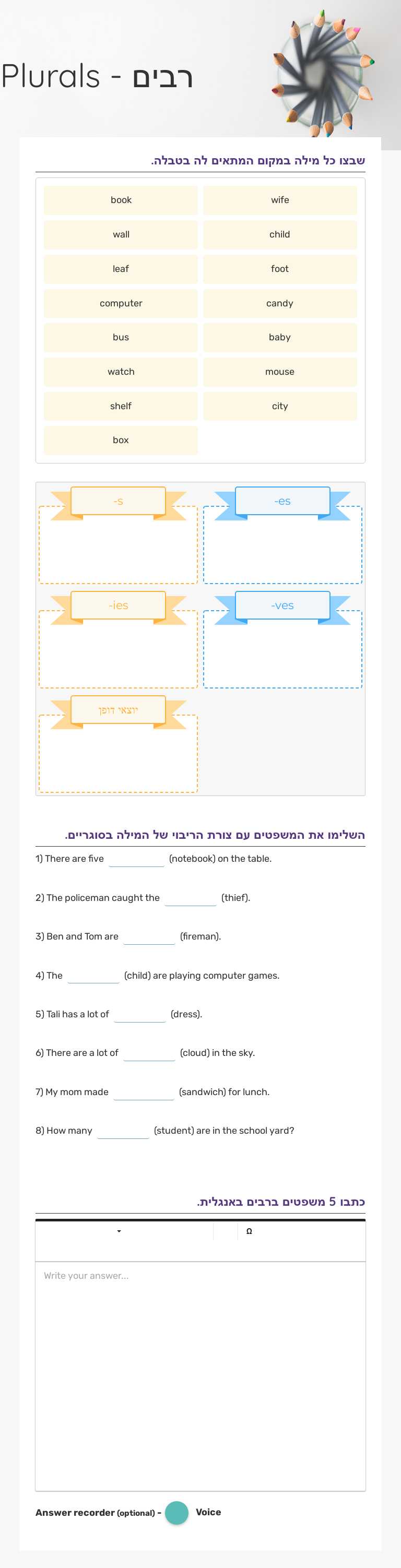 Plurals - רבים Preschool worksheet preview