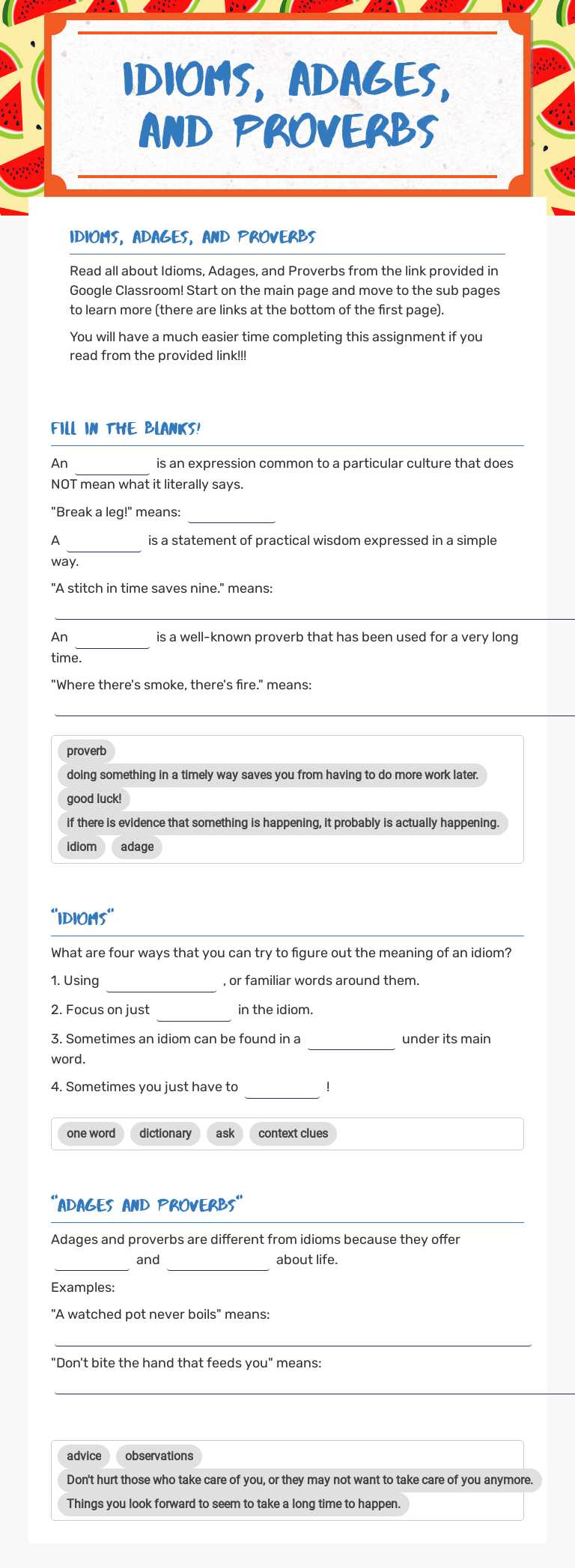 Idioms, Adages, and Proverbs by Mastery Street | Interactive Worksheet ...