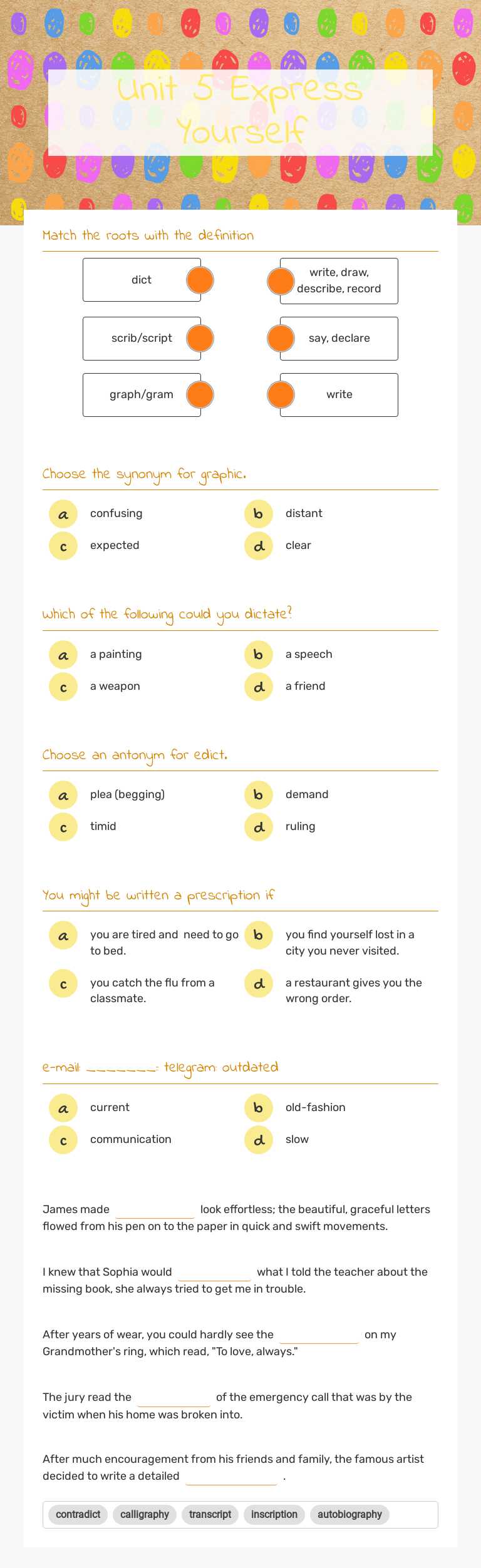 Unit 5 Express Yourself Grade 5 worksheet preview