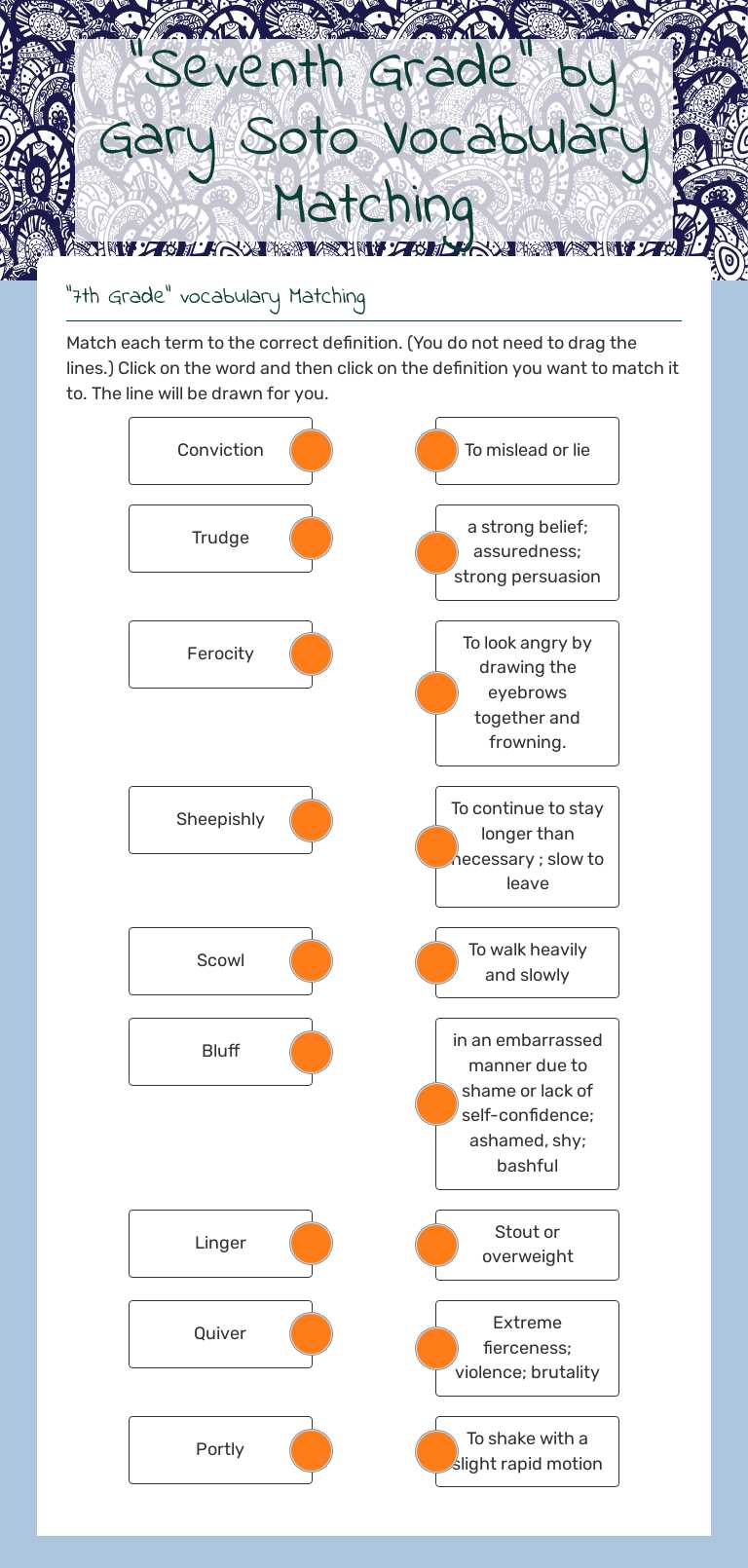 "Seventh Grade"        by Gary Soto  Vocabulary Matching Grade 7 worksheet preview