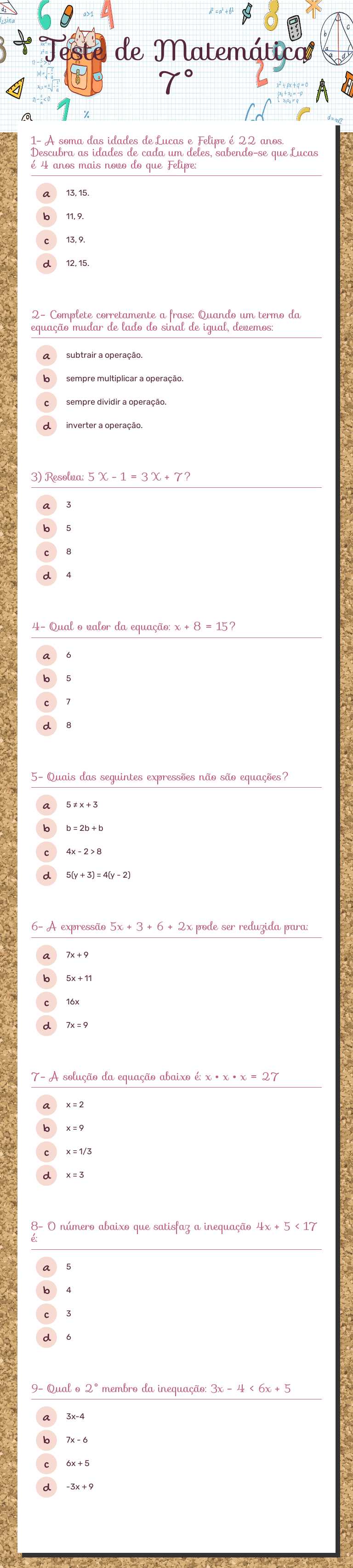 Teste de Matemática 7° worksheet preview image