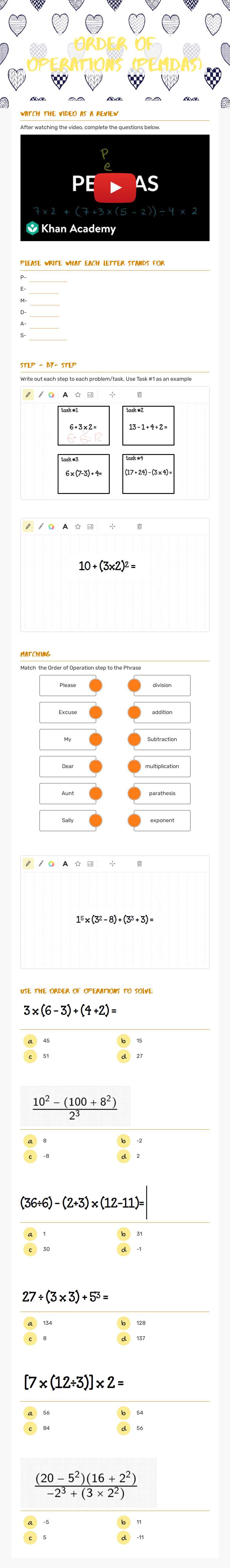 Order of Operations (PEMDAS) worksheet preview