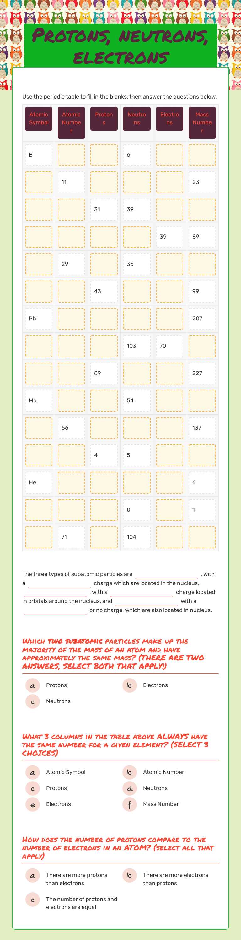 Protons, neutrons, electrons worksheet preview image
