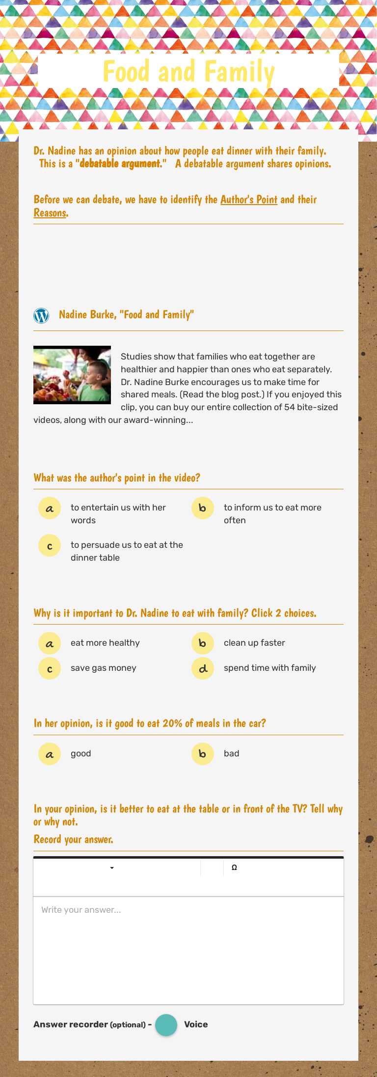 Food and Family Grade 2 worksheet preview
