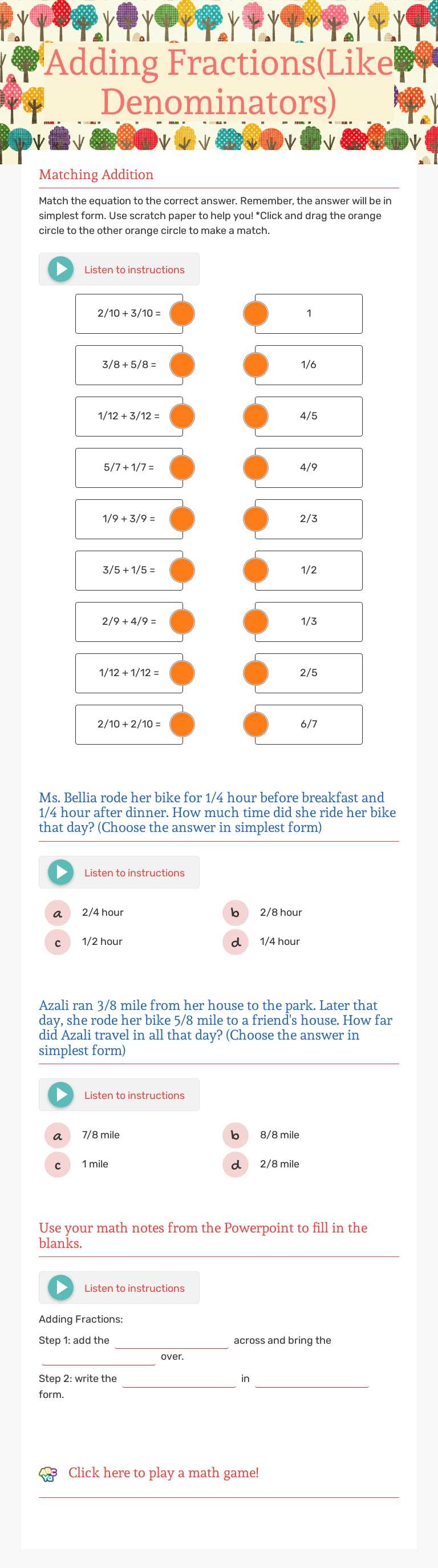Adding 
Fractions(Like Denominators) worksheet preview image
