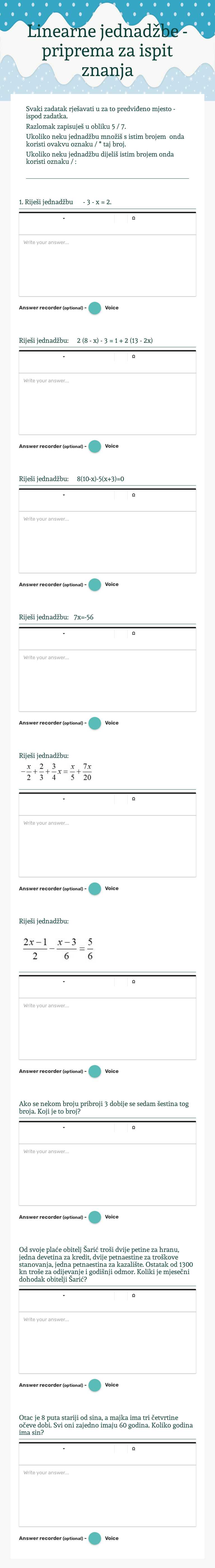 Linearne jednadžbe - priprema za ispit znanja worksheet preview image