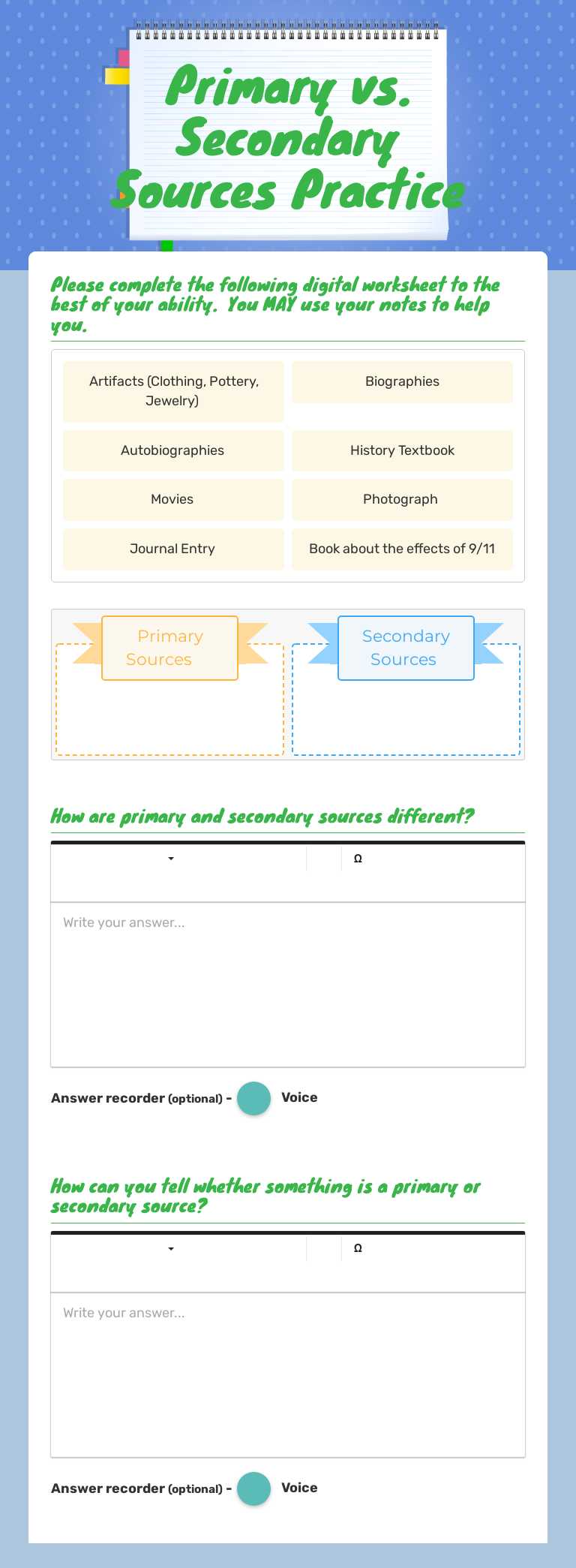 Primary vs. Secondary Sources Practice Grade 4 worksheet preview
