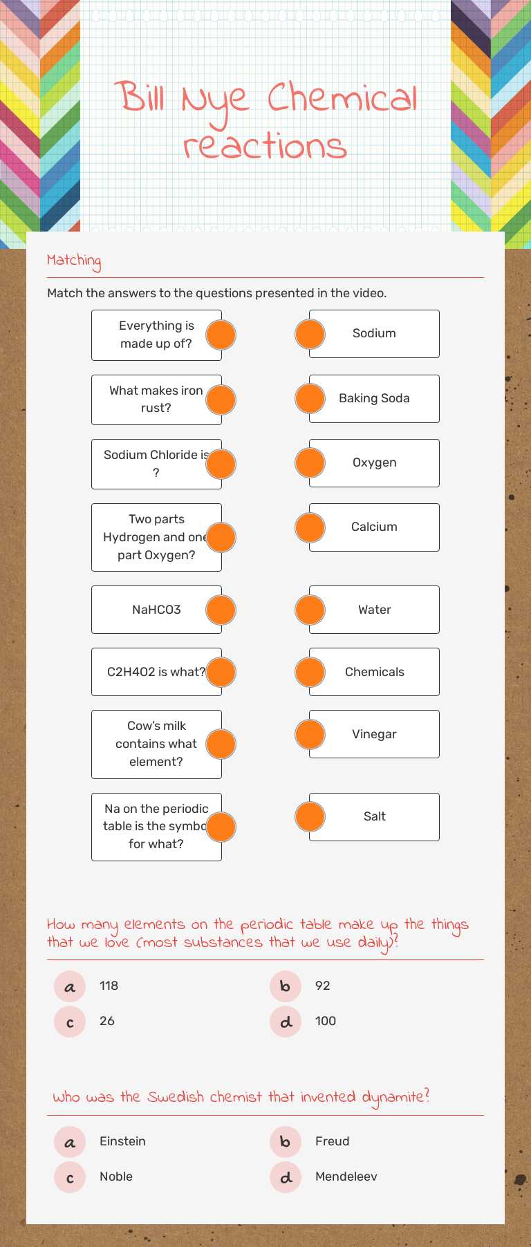 Bill Nye Chemical reactions worksheet preview image