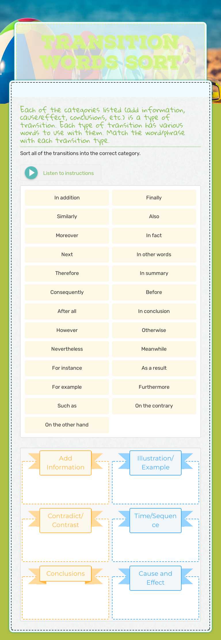 Transition words Sort worksheet preview image