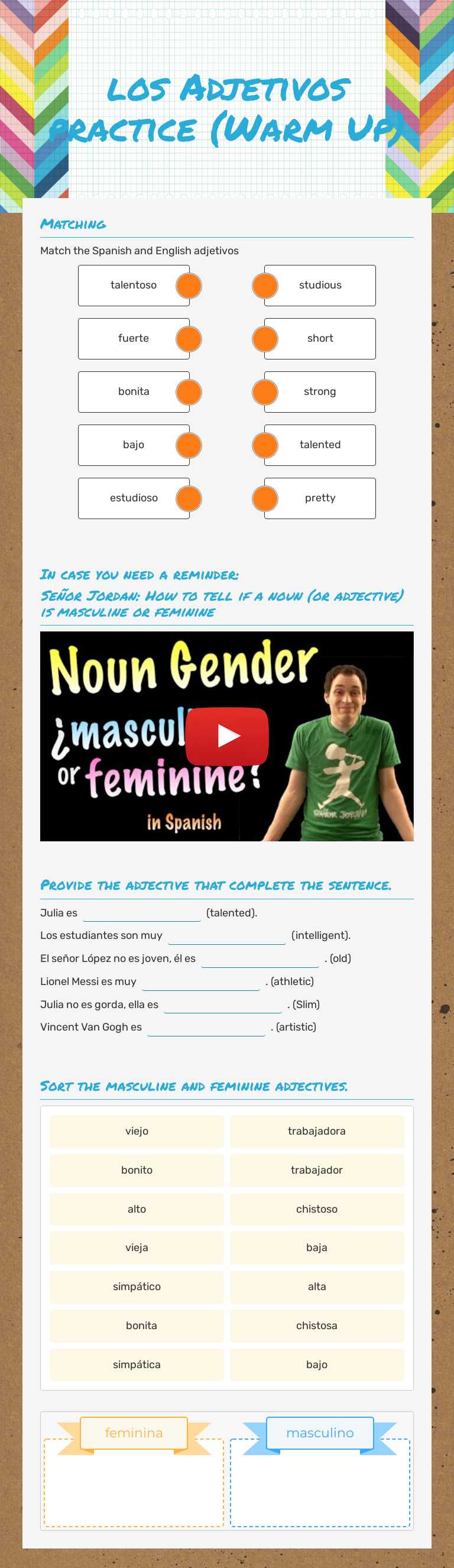 los Adjetivos practice (Warm Up) worksheet preview image