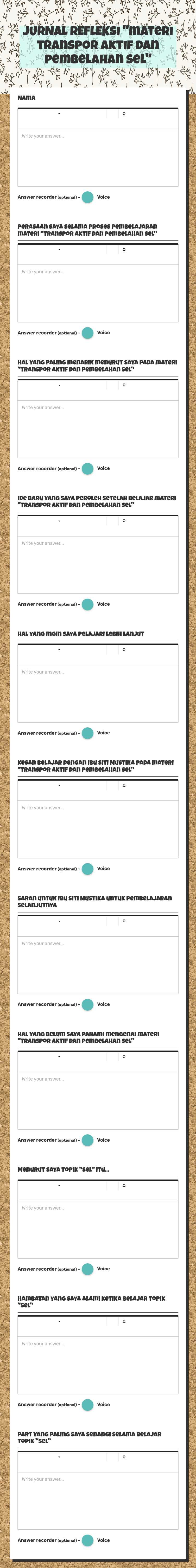 JURNAL REFLEKSI "materi transpor aktif dan pembelahan sel" worksheet preview image