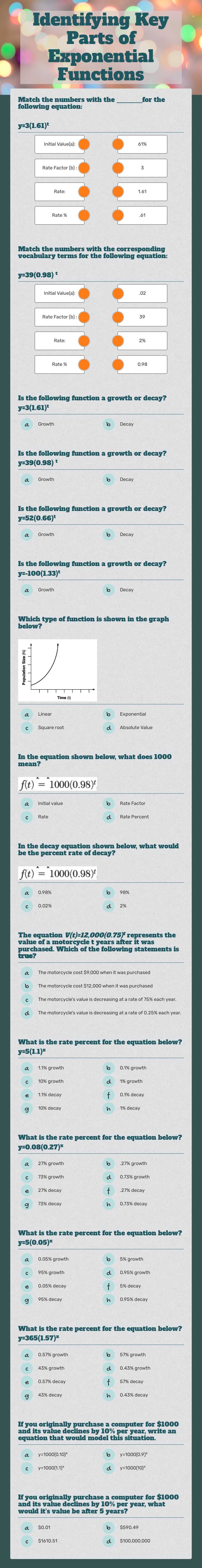 Identifying Key Parts of Exponential Functions worksheet preview image